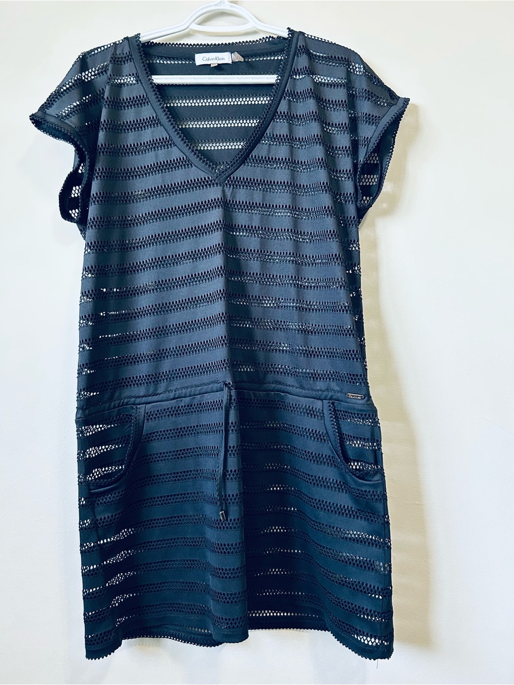 Calvin Klein Navy Eyelet Knit V-Neck swimsuit cover up